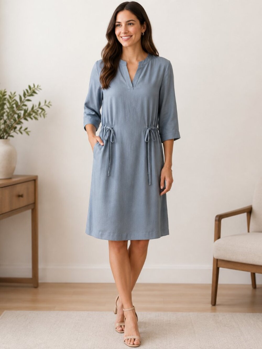 Pleione Blue Drawstring-Waist Split-Neck Shift Dress NWT